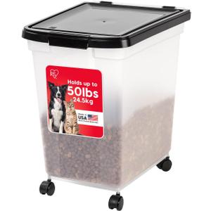 IRIS USA Airtight Dog Food Storage Container, WeatherPro, Up to 50 lbs, Removable Wheels, for Dog Cat Bird and Other Pet Food Storage Bin, Keep Fresh, Translucent Body, Made in USA, Clear/Black