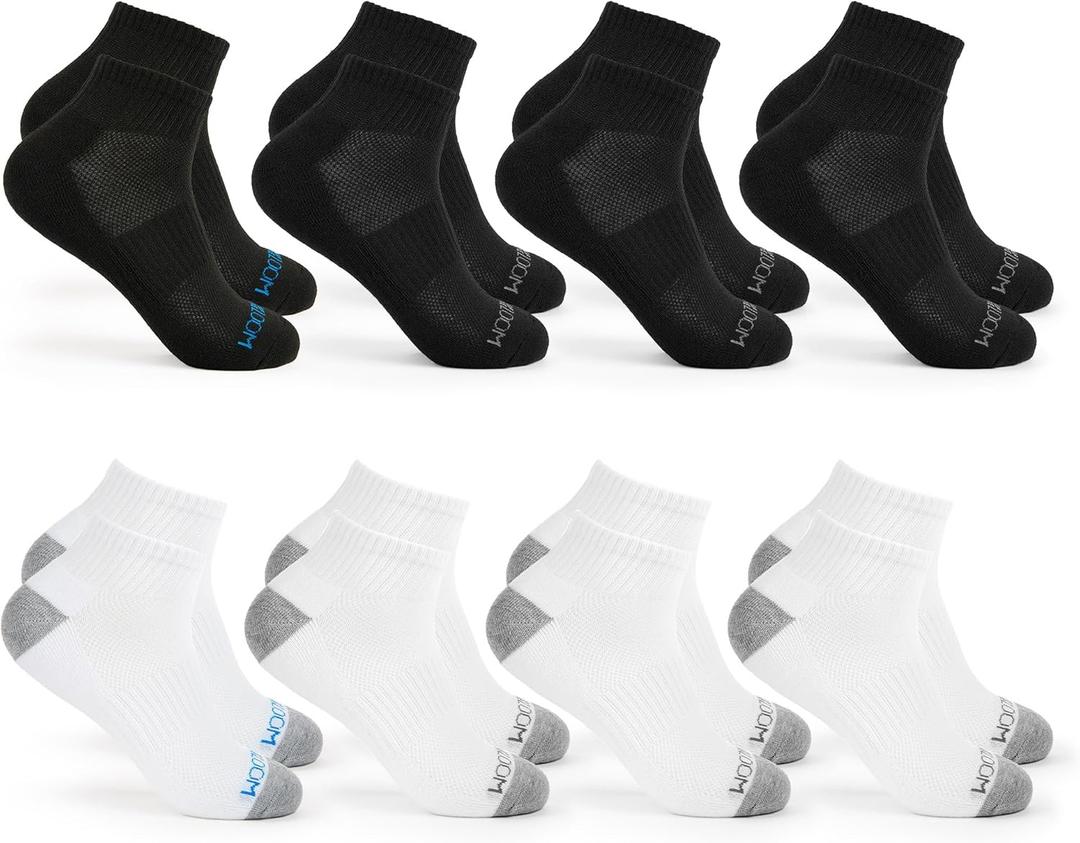 Fruit of the Loom Ankle Socks for Men - 8 Pairs - Arch Support, Cushioned, Athletic Quarter Socks - Mens Socks Size 6-12 (Black/White)