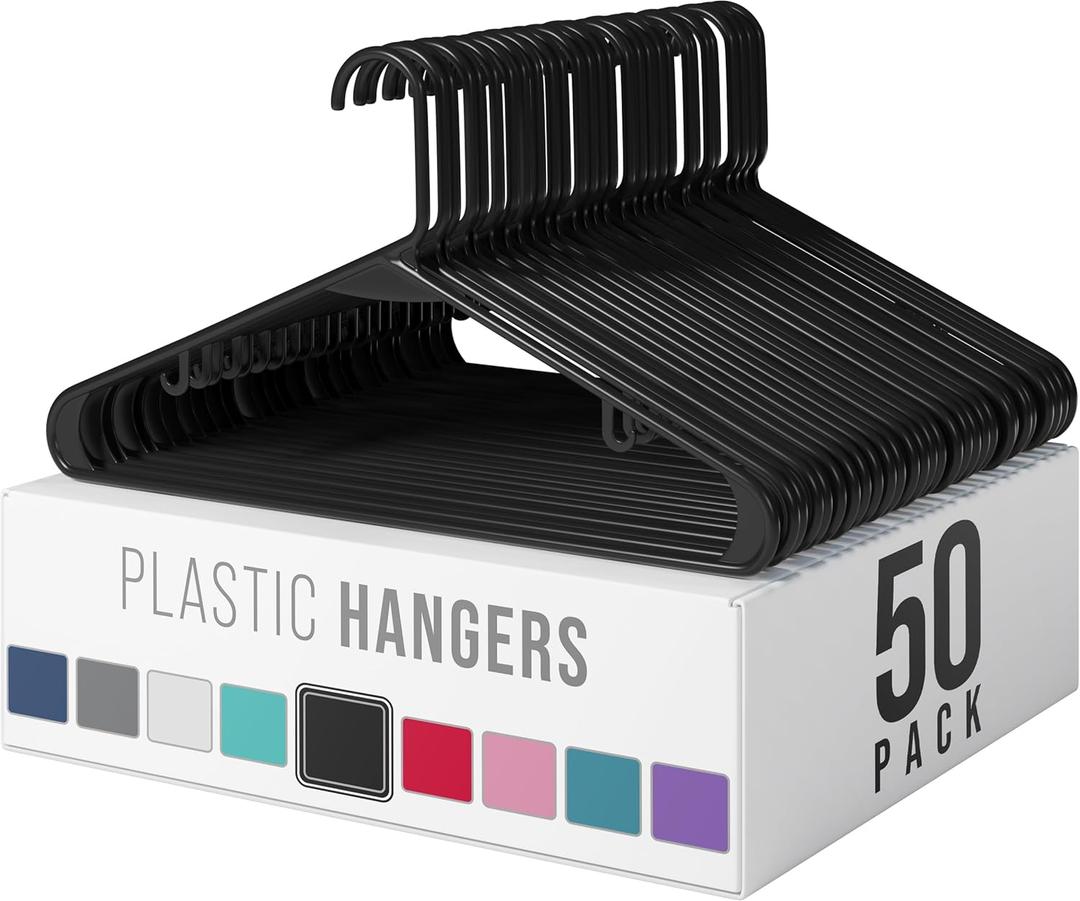 Plastic Hangers 50 Pack Black - Clothes Hangers - Makes The Perfect Coat Hanger and General Space Saving Hangers for Closet and New Apartment Essentials - Percheros Ganchos para Colgar Ropa Hangars