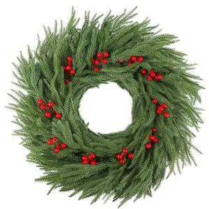 DR.DUDU Norfolk Pine Christmas Wreaths for Front Door - 24 Inch Artificial Greenery Wreath with Red Berries for Outdoor Indoor Xmas Holiday Decor, Farmhouse Winter Decorations
