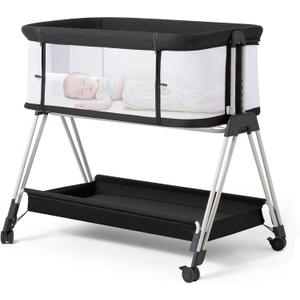 Fodoss Baby Bassinet Bedside Sleeper with Wheels and Storage Tray,4-Sided Mesh Bedside Bassinet for Infant/Newborn,7 Height Adjustable Easy Folding Bedside Crib (Dark Grey Tweed)