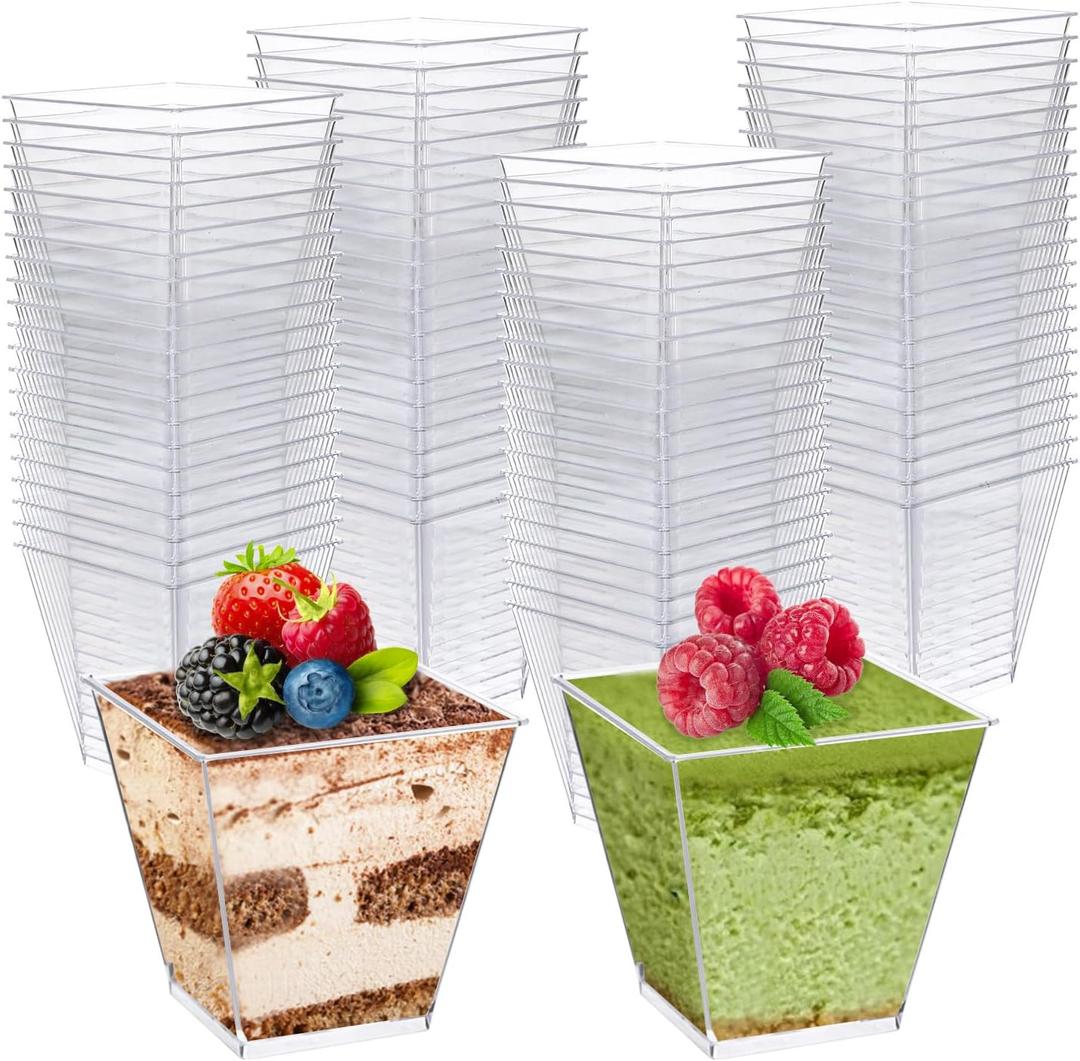 100 Pack 8 Oz Appetizer Cups, Charcuterie Cups, Mini Square Dessert Cups, Jello Cups, Pudding Cups, Parfait Fruit Cups Plastic Disposable Dessert Cups for Party Wedding Bridal Shower Catering Supplies