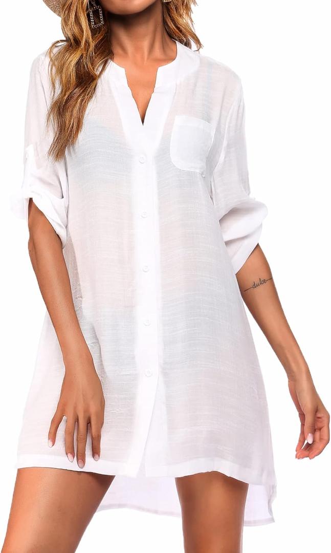 Ekouaer Bathing Suit Cover Up for Women V Neck Button Down Swimsuit Coverup Beach Dress Shirt S-3XL (Large, White)