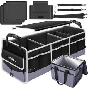 Car Trunk Organizer with Portable Leak Proof Cooler Bag, 3 Compartments Collapsible Car Organizers and Storage with Foldable Cover, Christmas Gifts, Suitable for SUV, Auto, Truck, Minivan (Black)