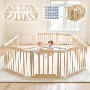Foldable Wooden Playpen for Babies and Toddlers - 90 x 60 x 24 in, Pre-Assembled Wooden Baby Playpen Ready to Use, No Assembly Required, Extra Large Play Pen Baby Play Yard with Locking Gate