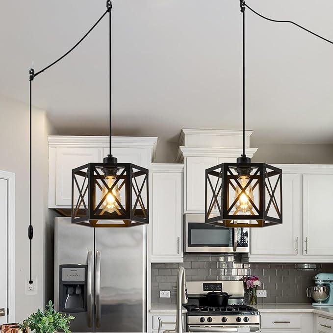 XSDeTu 2 Pack Plug in Pendant Light, Farmhouse Black Hanging Lights with Plug in Cord, 16.4FT Hexagonal Metal Plug in Hanging Lamp Kit, Dimmable Ceiling Light Fixture for Kitchen Island Hallway