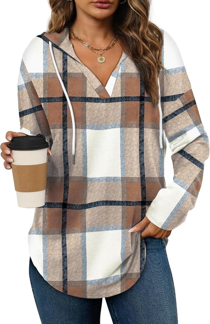 Bofell Womens Fashion Tops Hoodies for Women Pullover Oversized Sweatshirts Long SLeeve Shirts Loose Fit (Large, Brown Plaid)