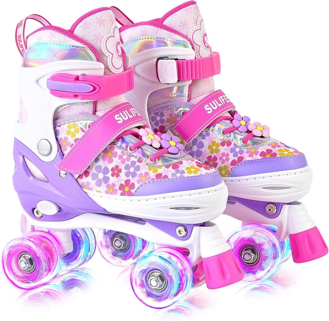 SULIFEEL Rainbow Unicorn 4 Size Adjustable Roller Skates for Girls Boys for Kids Ages 3-5 5-8 6-12 Children Skates Indoor Outdoor (Medium - Big Kid, H Floral Rose)