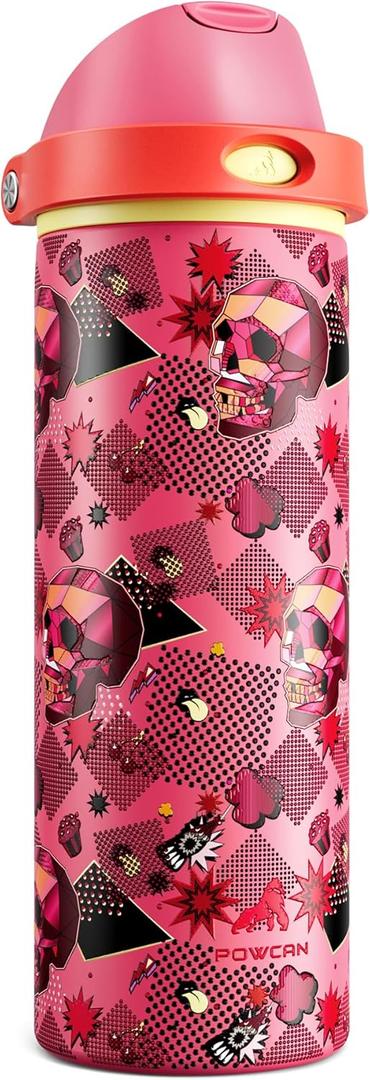 POWCAN 24 oz Insulated Skull Water Bottle: 2-in-1 Lid with Push-Button Spout & Quick-Flip Straw, Leakproof, Car Cupholder Friendly, Stainless Steel for Gym, Travel, Camping (Candy Vandal)