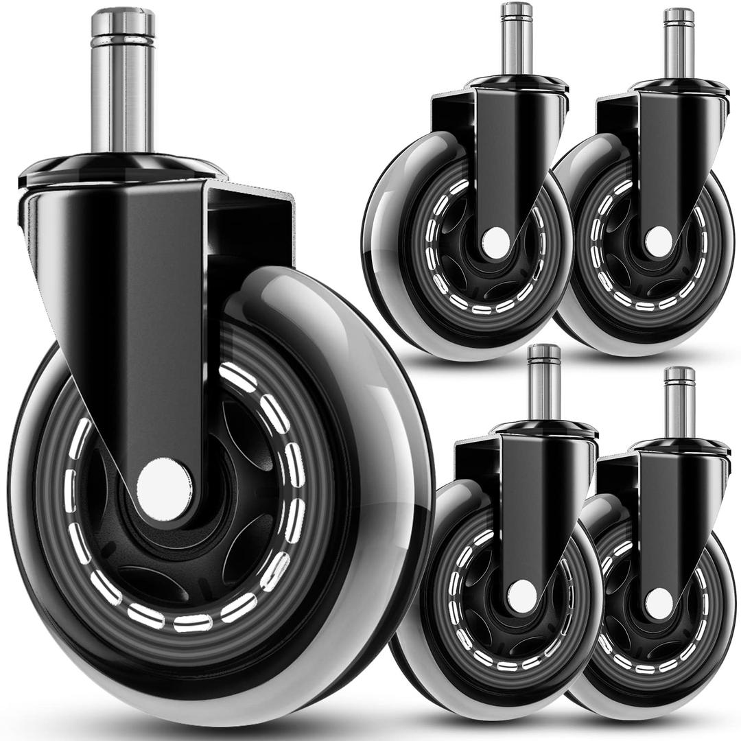 RidRed Office Chair Wheels - Replacement Rubber Wheels - Universal Fit 3 Inch Casters, Heavy-Duty Chair Casters, Noise Free, Fits 98% Chair, for All Floor (5) (Transparent)