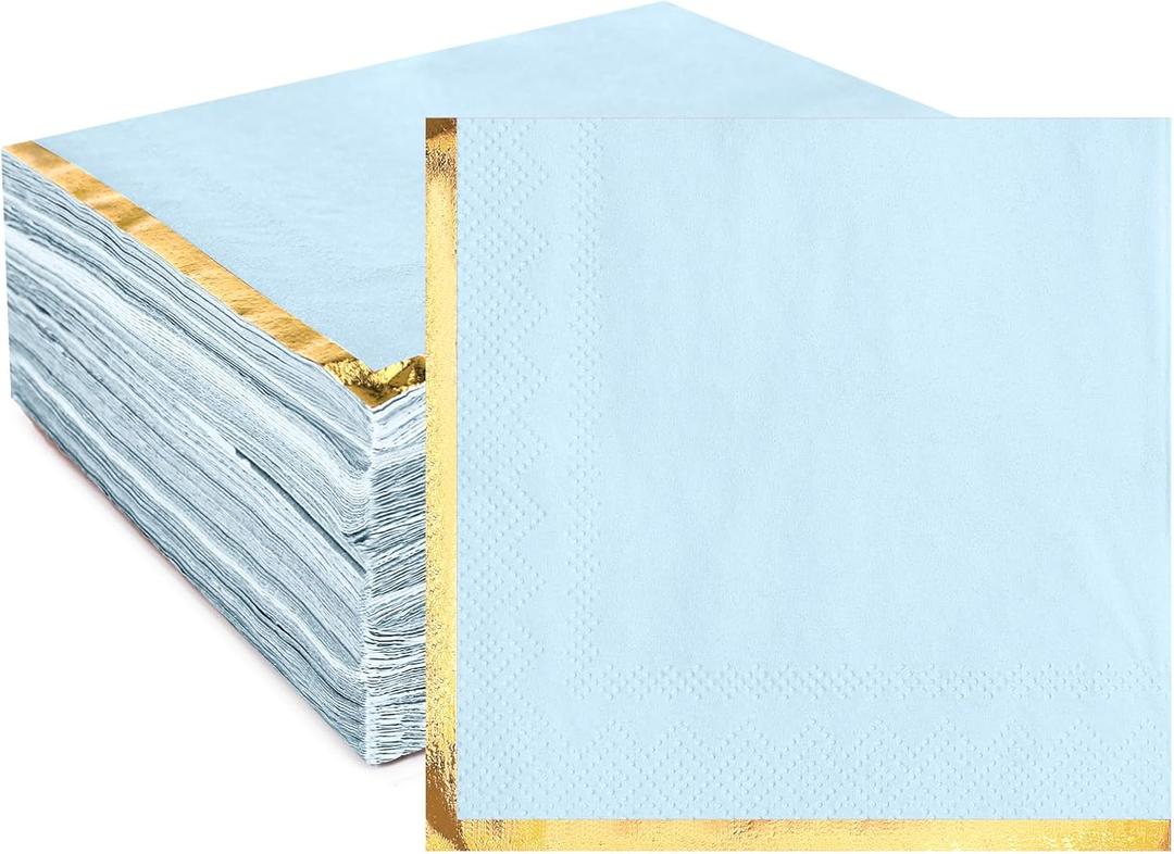 Fulmoon 100 Pack 2 Ply Cocktail Napkins Paper Gold Foil Trim Edge Beverage Dessert Disposable Paper Napkins Dinner Baby Shower Wedding Birthday Party Tableware Decorations, 5 x 5 Inches (Light Blue)