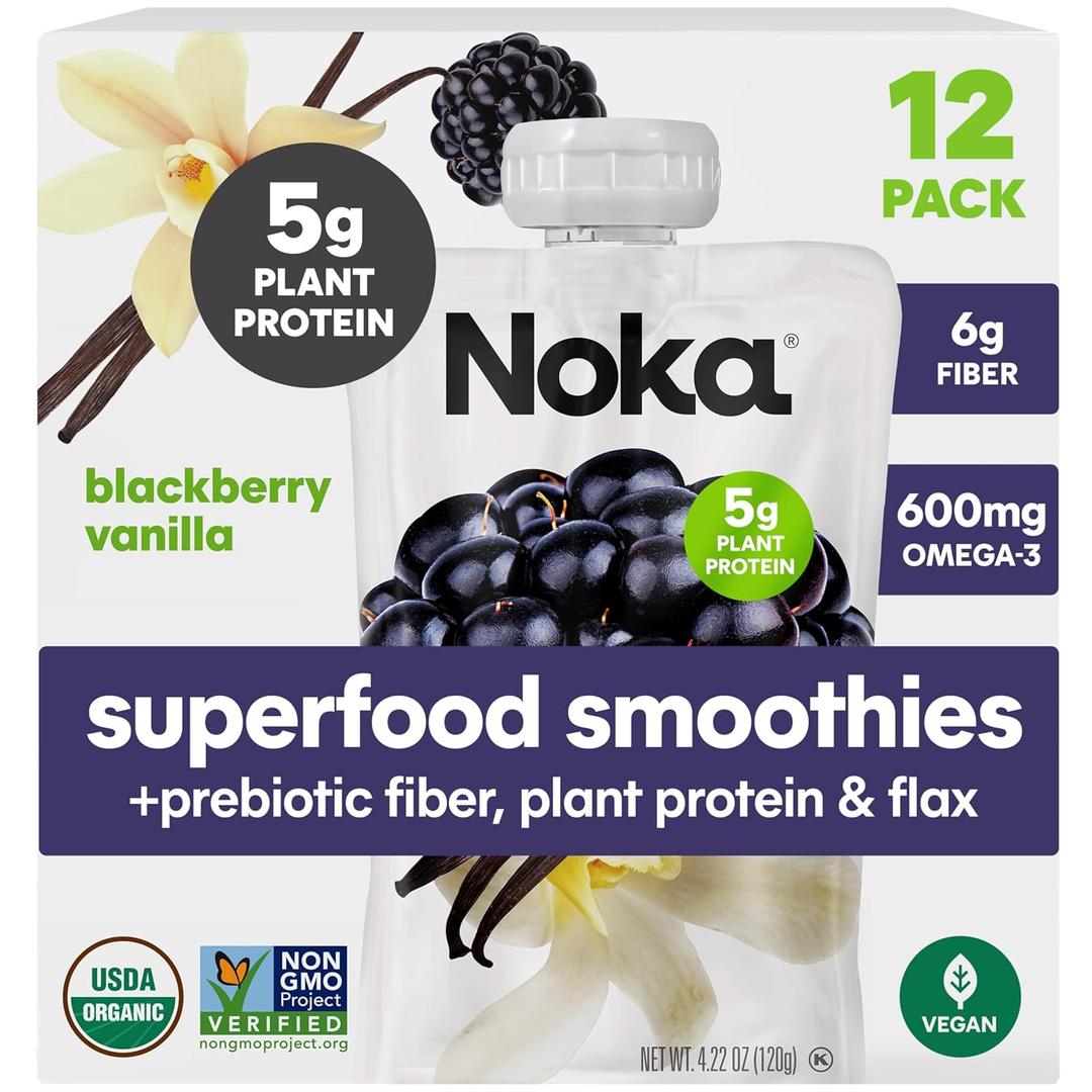 Noka Superfood Fruit Smoothie Pouches, Blackberry Vanilla, Healthy Snacks with Flax Seed, Plant Protein and Prebiotic Fiber, Vegan and Gluten Free Snacks, Organic Squeeze Pouch, 4.22 oz, 6 Count, Expiry: 06/11/27