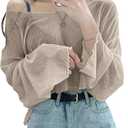 GORGLITTER Women's Mesh Long Sleeve Crop Tops Y2K Drop Shoulder Loose T Shirt Apricot Large