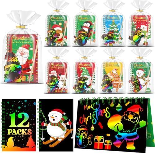 Skrajoi 12 Pack Christmas Scratch Art Party Favors for Kids - Rainbow Scratch Paper with Christmas Scratch Off Cards Easter Birthday Goodie Bags Stuffers - Winter Holiday Gifts DIY Classroom Prizes