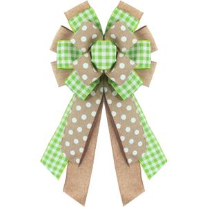 Spring Wreath Bow for Front Door, Natural Green Dots Bows Green Buffalo Plaid Craft Bow Birthday Easter Tree Topper Ornament Bow for Home Easter Decorations Supplies