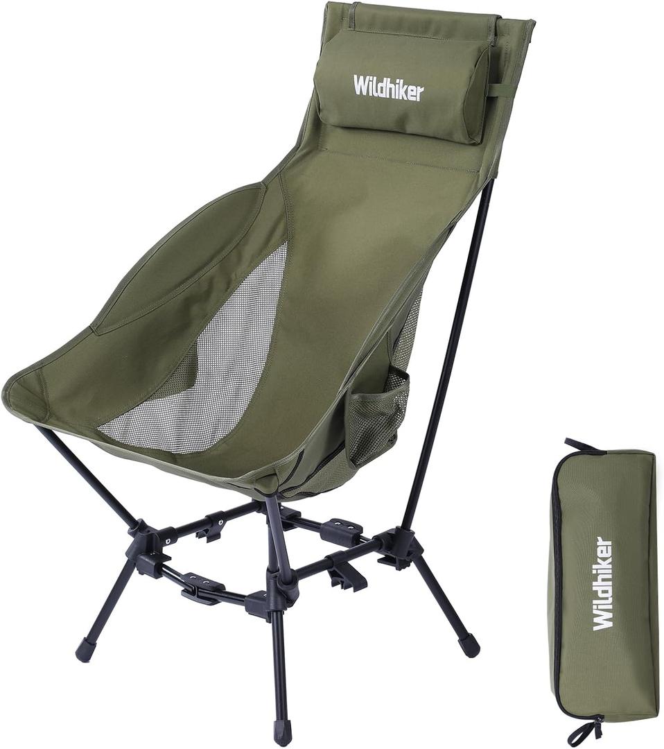 Wildhiker Compact High Back Camping Chair - Foldable with Dual Sitting Modes, Pillow, Arm Pads and Side Pockets - Lightweight Portable Chair for Motorcycle, RV, Festival, Travel - Green