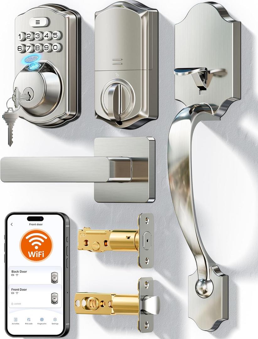 Veise VE012W-H WiFi Smart Front Door Lock Set, Built-in WiFi, App Remote & Voice Control, Fingerprint Keyless Entry Smart deadbolt with Handle, Backlit Keypad, Auto Lock, IP55 Waterproof, Satin Nickel