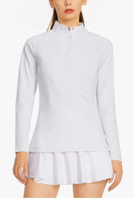 CQC Women's Long Sleeve Golf Polo Shirts Moisture Wicking Quick Dry Athletic Shirts with Buttons UPF 50+ Tennis Sports Tops Size XL