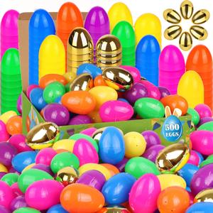 500 Pack 2.4" Fillable Easter Eggs with 6 Golden Eggs, Colorful Plastic Empty Eggs for Easter Egg Hunt, Party Favors, Basket Stuffers, Classroom Prizes for Kids Boys Girls