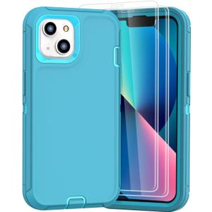 Compatible with iPhone 13& iPhone 14 Case [2 Screen Protectors ] Military Grade Full Body Cover, Heavy Duty Shockproof Drop Proof Protection Case 6.1"(Light Blue)
