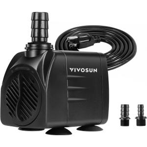 VIVOSUN 480GPH Submersible Pump(1800L/H, 25W), Ultra Quiet Water Pump with 7.2ft High Lift, Fountain Pump with 5ft Power Cord, 3 Nozzles for Fish Tank, Aquarium, Statuary, Hydroponics Black