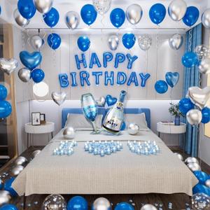 Blue Happy Birthday Decorations for Men Blue and Silver Biirthday Balloon Letters Banner with Heart-Shaped Champagne Bottle Glass Balloons Rose Petals for Room Birthday Party Decor