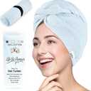 Lili&James 100% Cotton Hair Towel Wrap for Women & Kids 420 GSM Quick Dry Hair Turban with Double Button Loop, Anti Frizz Non Microfiber Hair Drying Towel for Curly, Long & Thick Hair (Blue)