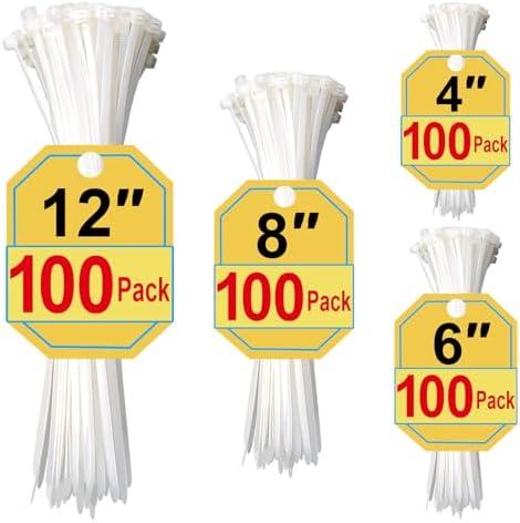 Zip Ties Assorted Sizes 4+6+8+12 Inch, 400 Pack, White Cable Ties for Multi-Purpose, Nylon/Plastic Wire Ties for Home Improvement, Office & Outdoor Use (Clear-Colored Style).