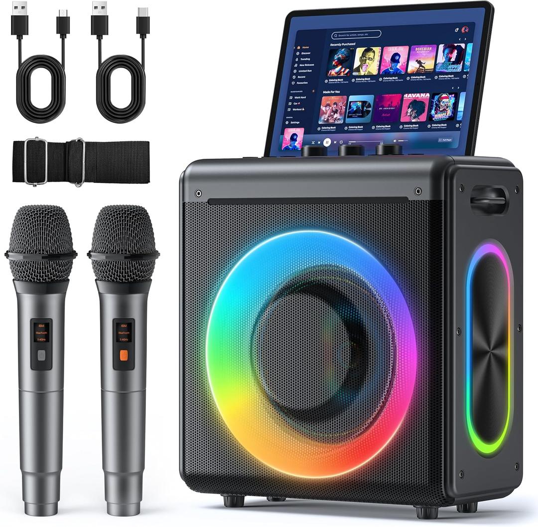 Karaoke Machine with 2 Wireless Microphones: Portable Bluetooth Speaker for Adults & Kids - PA System with Lights Supports TWS/TF Card/USB/AUX for Home Party-Studio Monitors (Gray)