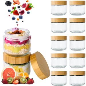 Hoa Kinh 9oz 12Pack Glass Food Storage Jars with Lids, Leak Proof Small Glass Jars for Overnight Oats, Cereal, Empty Jar with Woodgrain Lids for Kitchen