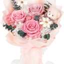 Preserved Flowers Bouquet with Bear, 3 Real Forever Flowers for Delivery, Long-Lasting Pink Eteranl Roses Bouquet, Anniversary Birthday Valentine Gifts for Women Mom Grandma Her Wife Girlfriend