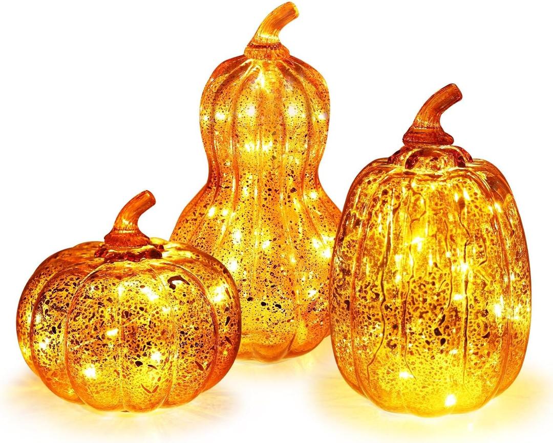 DECORKEY Fall Decorations for Home, Set of 3 Glass Pumpkin with LED Lights Thanksgiving Table Decor, Timer Lighted Pumpkin Decorations for Indoor Fall Mantel Decorating (DKGG-4054)