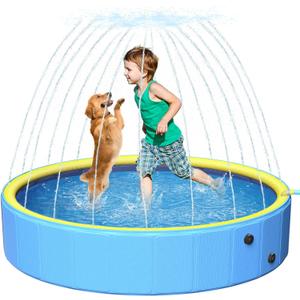 Sturdy 47in Hard Plastic Anti-Slip Dog Pool, 2-in-1 Foldable Portable Kiddie/Kids Pool with Sprinkler, Swimming Puppy Pools for Summer Outdoor Backyard Activities (Yellow)