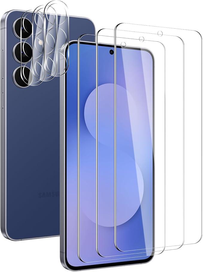 3 Pack Screen Protector for Samsung Galaxy S25 FE with 3 Pack Camera Lens Protector, Tempered Glass Film, HD Clear, 9H Hardness, No Bubbles, Case Friendly