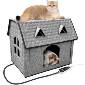 Indoor Heated Cat House, Adjustable Temperature Cat Heating Bed with Timer and Chew Resistant Cord,Cat House with Heating Pad for Small Medium Cats (Coffee Color)