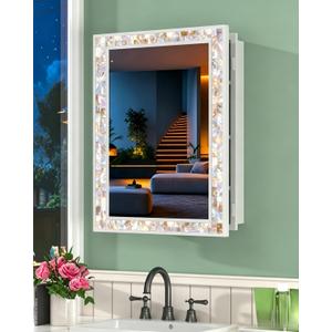 20"x26" Hand-Inlaid Natural Shell White Medicine Cabinet Mirror for Bathroom, Bedroom, Living Room, Entryway, Easy to Install Left or Right Opening Bathroom Wall Cabinet Recessed and Surface Mount