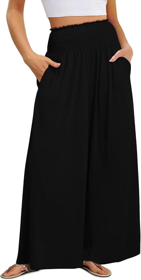 KISSMODA Women Palazzo Pants Summer Boho Bagyy Wide Leg High Smocked Waist Flowy Beach Casual Trousers with Pockets (Small, A All Black)