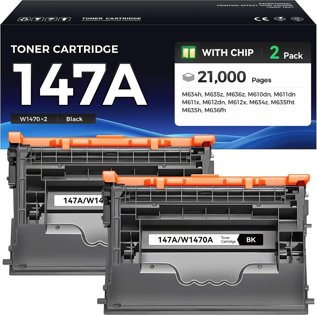 147A Black Toner Cartridge 2-Pack High Yield Replacement for HP 147A W1470A 147X Toner Compatible with HP LaserJet Enterprise MFP M634 M635 M636 M610 M611 M612 Printer Ink All-in-One h z dn x fht fh