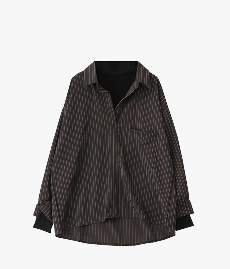 Fake Two Piece Striped Shirt for Women Patchwork Turtleneck Shirt Spring Long Sleeve Casual Loose Blouse, L