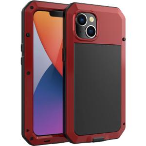 for iPhone 14 Case, 360 Full Body Protective Cover Heavy Duty Shockproof Tough Armour Aluminum Alloy Metal Case with Silicone Built-in Screen Protector for Apple iPhone 14 6.1 Inch - Red