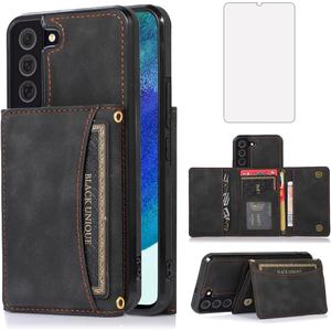 NKECXKJ Design for Samsung Galaxy S22 5G Wallet Case with Tempered Glass Screen Protector PU Leather Credit Card Holder Slot Phone Cases Kickstand Shockproof Protective Cover for Men 6.1 inch Black