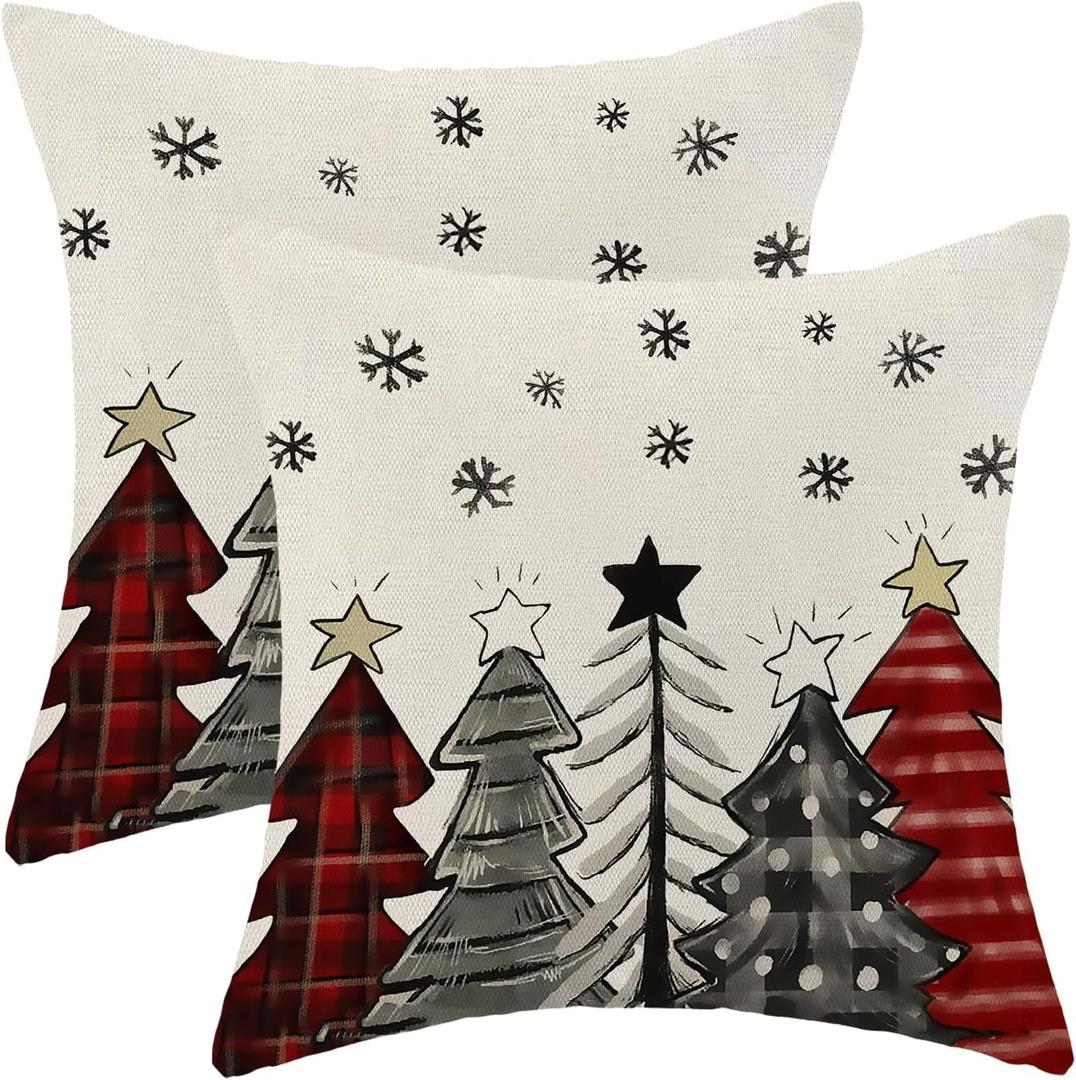 AEIOAE Christmas Pillow Covers 18x18 Inch Set of 2 Colorful Christmas Tree Throw Pillows Case, Stars Holiday Outdoor Decorative Farmhouse Winter Snowflake Decor Cushion Covers for Home Sofa Bed Couch