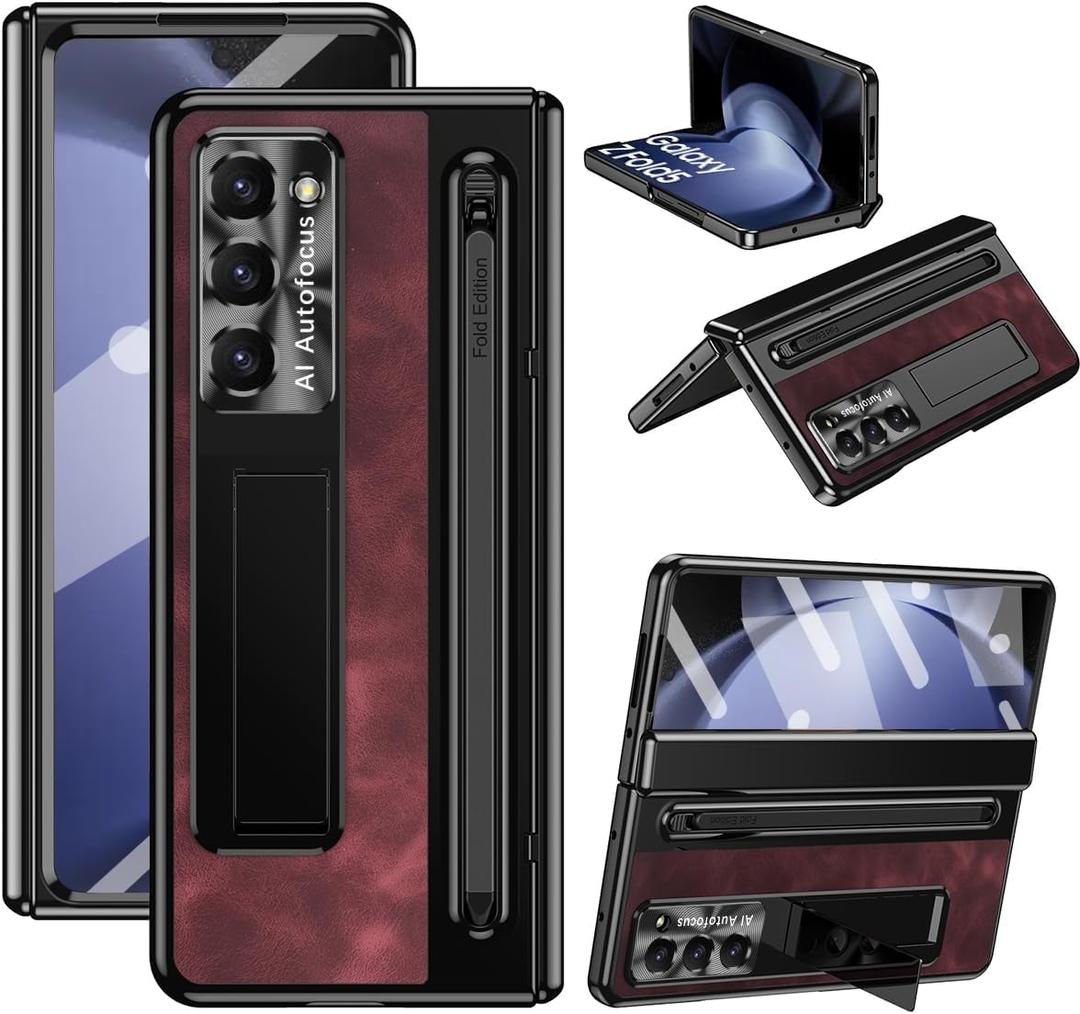 for Samsung Galaxy Z Fold 6 Case with Slim S-Pen Holder & Capacitance Pen, Kickstand Premium Jazz Retro Leather Soft Touch Shockproof Hard Full-Body Screen Hinge Protection -Red