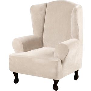 H.VERSAILTEX Wingback Chair Covers Velvet Plush Wing Chair Slipcover 1 Piece High Stretch Wing Back Chair Slipcovers Sofa Cover Furniture Cover with Elastic Bottom, Cream