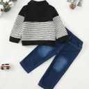 Baby Toddler Boy Clothes Fall Winter Boys Outfits Quarter Zip Pullover Sweatshirt Jeans Denim Pants Sweatsuit Set (Black)