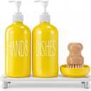Yellow Kitchen Decor, 5 Pcs Hands Dishes Soap Dispenser Set Comes with Ceramic Brush Tray, Instant Dry Tray, and Dish Scrub Brush, Suitable for Kitchen Accessories (Word)