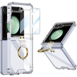 MistWorld For Samsung Galaxy Z Flip 6 Clear Case With Ring,Airbag impact protection,Front Tempered Glass Screen Protector*1,TPU Soft Frame Transparent Cover (Clear, Z Flip6)