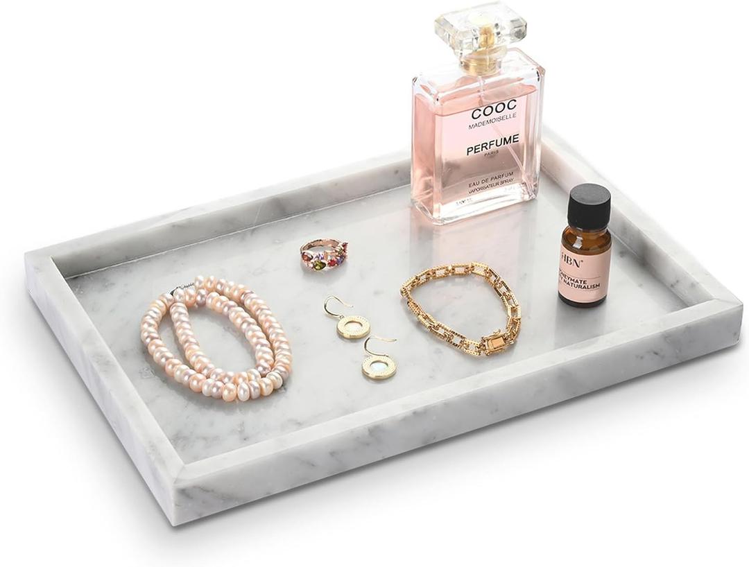 Large Bathroom Vanity Tray, Real Natural Marble Tray 12 inch, Carrara White Stone Toilet Tank Trays, Modern Dresser Trays, Countertop Organizer for Kitchen Counter, Soap Dispenser