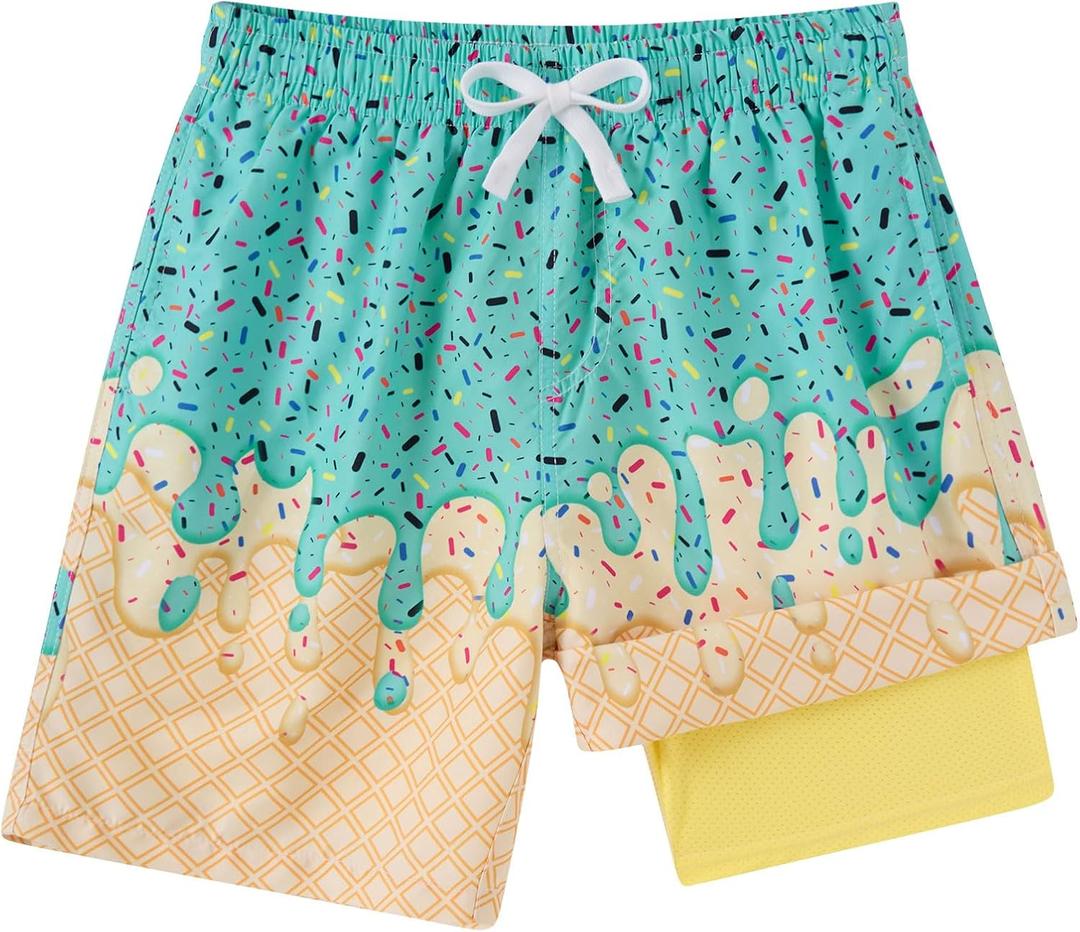 westwolf Boys Swim Trunks with Compression Liner Casual Bathing Suit for Kids Swim Shorts 6-18 Years (A1 Green Yellow)