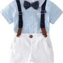 Baby Boys Gentleman Outfits Suits, Infant Shirt+Shorts+Bow Tie+Suspenders Clothes Set (6-9 Months, Light Blue + White)
